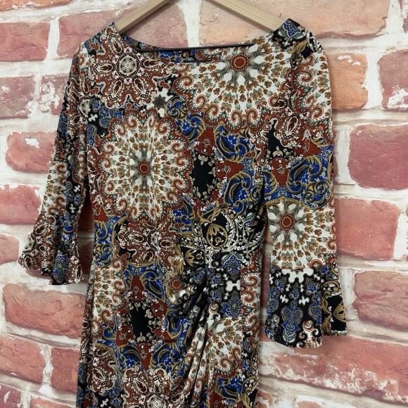 Connected Apparel Dress Women's 6 Multicolor Boho Floral Abstract Bell Sleeves - Picture 4 of 8